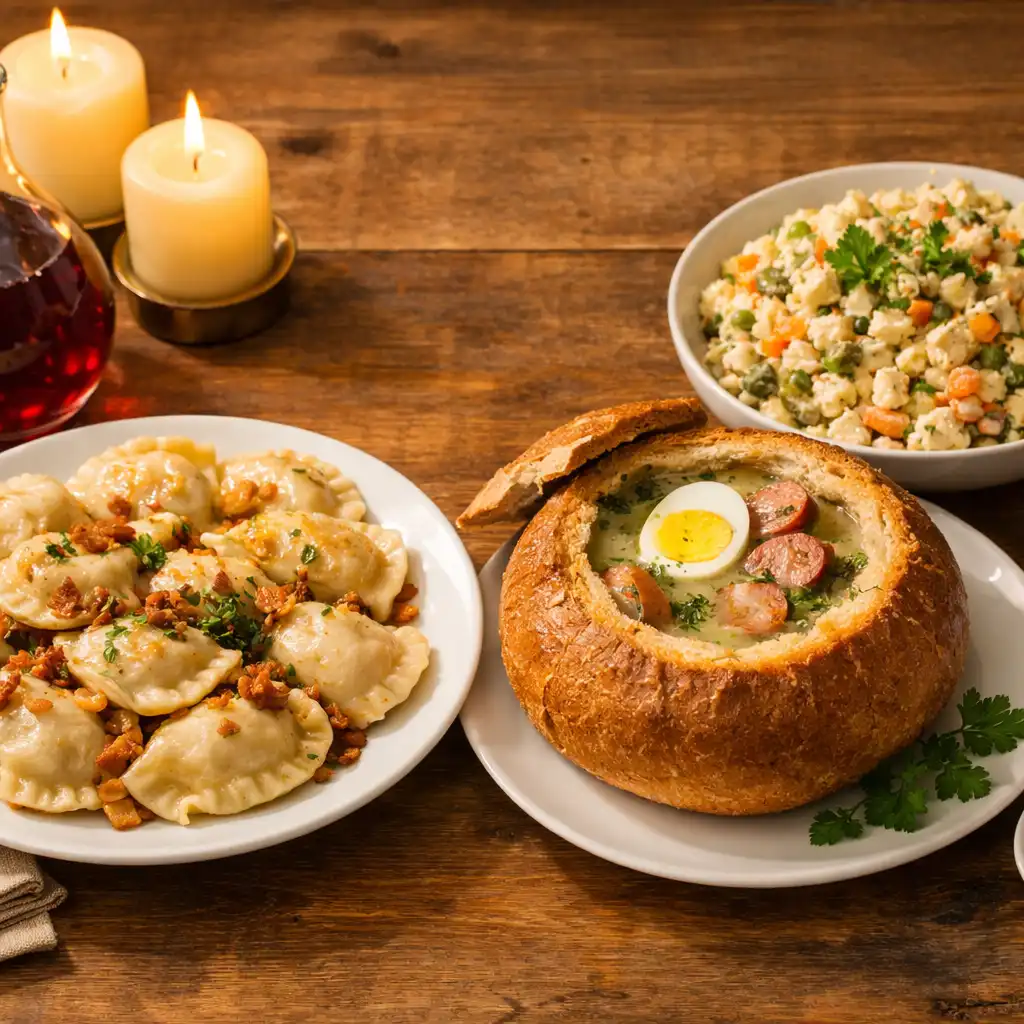 Stół nakryty do obiadu z polskimi daniami: pierogi, żurek w chlebie, sałatka