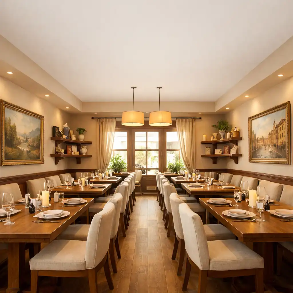 Wnętrze restauracji Dom Dobrych Spotkań z drewnianymi stołami i dekoracjami