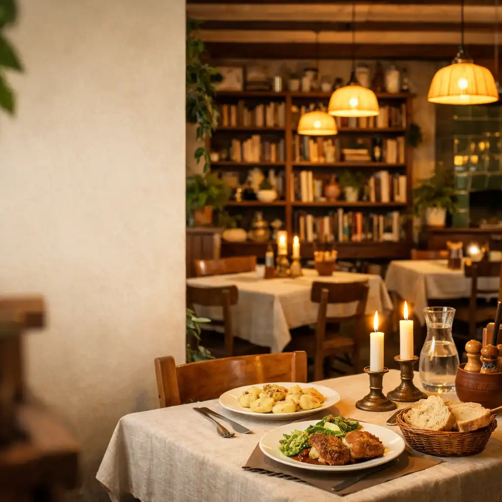 Ciepłe wnętrze restauracji Dom Dobrych Spotkań z drewnianymi stołami i lampami