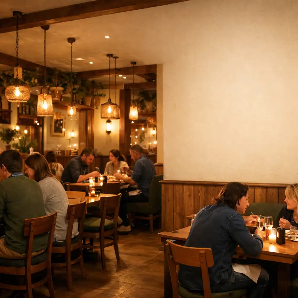 Ciepłe wnętrze restauracji z drewnianymi stołami i gośćmi