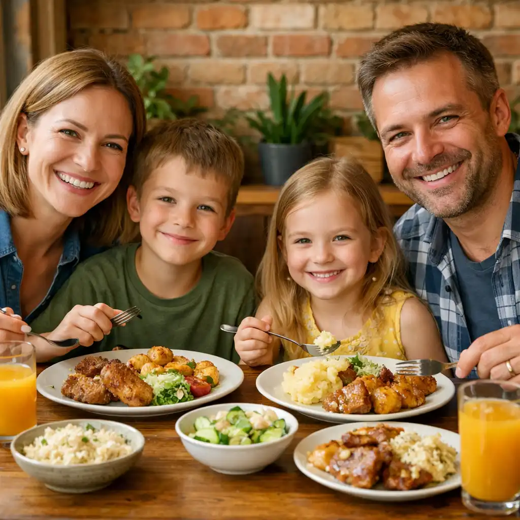 Rodzina z dziećmi przy wspólnym posiłku w restauracji