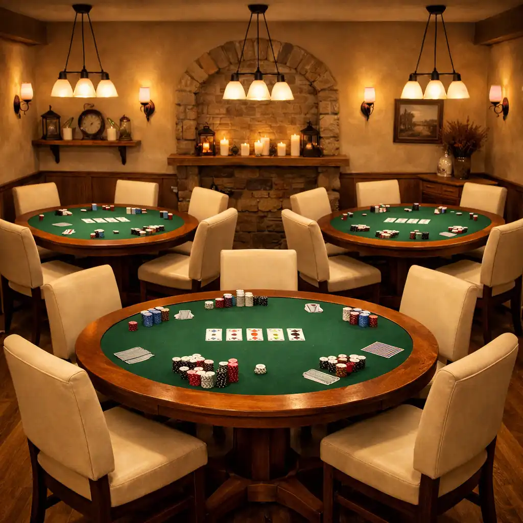 Wydzielona sala restauracyjna przygotowana na wieczór pokerowy z trzema drewnianymi stołami