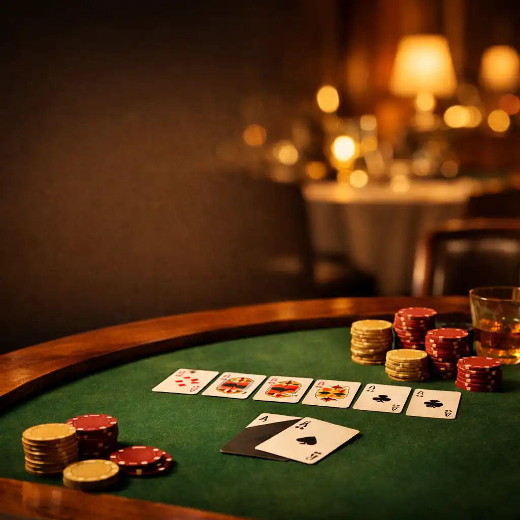 Stół pokerowy w ciepłym wnętrzu restauracji z symbolicznymi żetonami i kartami